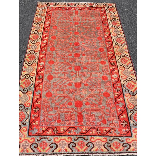 Tribal Ntricate Vintage Khotan Rug With Sub-Geometric Design in Reds and Light Blue For Sale - Image 3 of 10