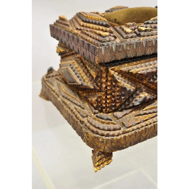 Antique Tramp Art Diamond 2 Tier Hinged Carved Wood Presentation Jewelry Box For Sale In Philadelphia - Image 6 of 12