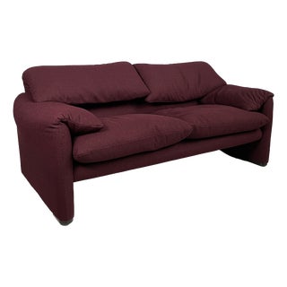 Italian Modern Burgundy Fabric Maralunga Sofa by Vico Magistretti for Cassina, 1970s For Sale