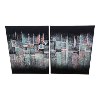 Vintage Post-Modern Textured Abstract Paintings by Lee Reynolds - Pair For Sale
