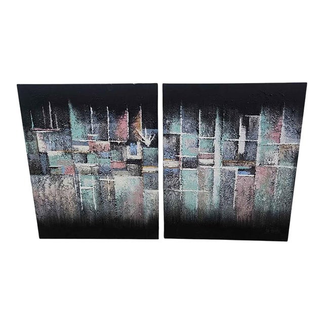 Vintage Post-Modern Textured Abstract Paintings by Lee Reynolds - Pair For Sale
