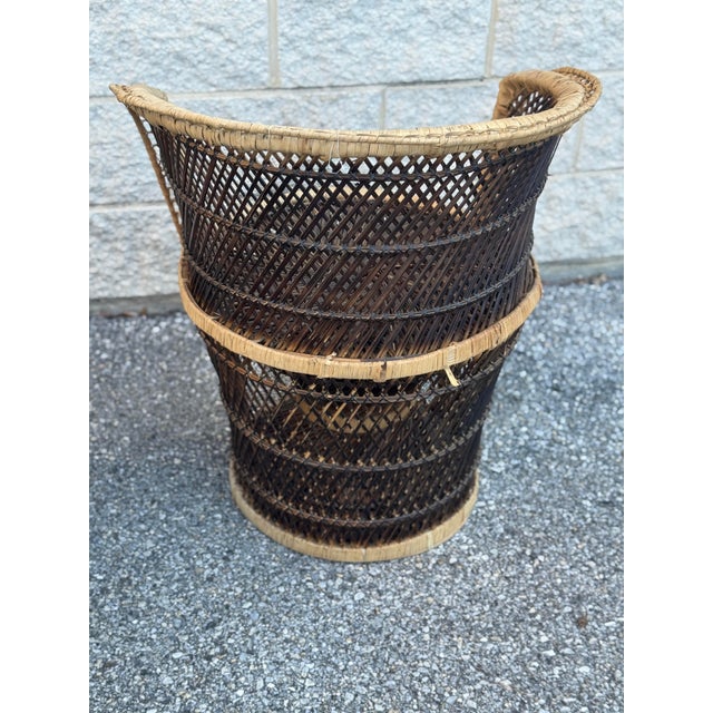 1970s Boho Coastal Wicker Rattan Barrel Chairs With Matching Drum Table – Set of 3 For Sale - Image 9 of 12