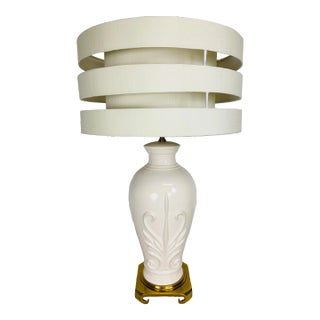 Monumental Art Deco Inspired Cream Ware Pottery Table Lamp. For Sale