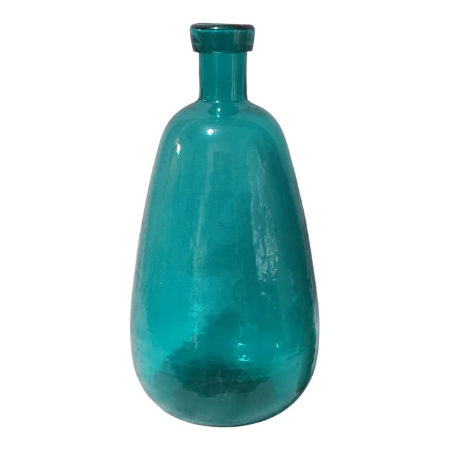 Vintage Large High Sky-Blue Recycled Glass Bottle Vase For Sale