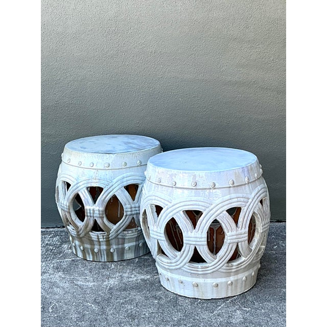 Off-white Vintage Glazed Ceramic Keyhole Garden Stools - A Pair For Sale - Image 8 of 12