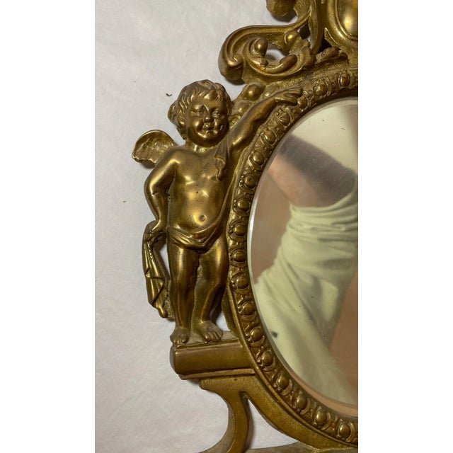 Pair Large Ornate Vintage Solid Brass Figural Cherub Wall Mirror Sconce Fixtures For Sale - Image 4 of 12