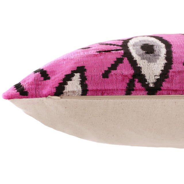 Pink Handmade Velvet Ikat Eye Lumbar Pillow 16x24 | Pink Statement For Sale - Image 8 of 8
