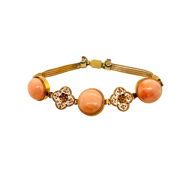 Antique 14k Gold Coral Etruscan Style Filigree Bracelet For Sale - Image 4 of 8