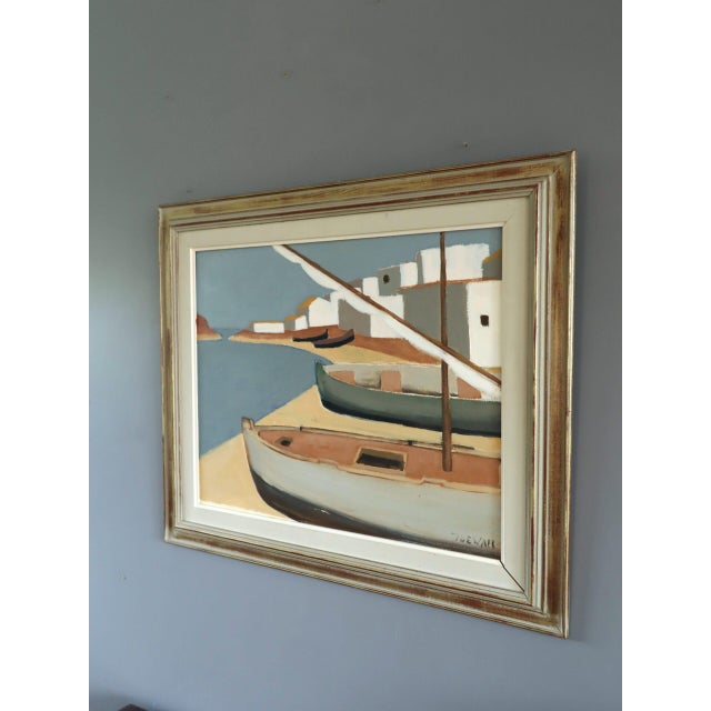 Mid 20th Century 1958 Mid-Century Modern 'Quiet Mooring' Vintage Swedish Coastal Landscape Oil Painting, Framed For Sale - Image 5 of 12