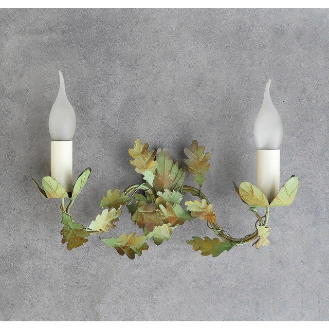 Vintage French Painted Toleware Oak-Leaf Wall Sconces, 1970, Set of 2 For Sale - Image 6 of 10