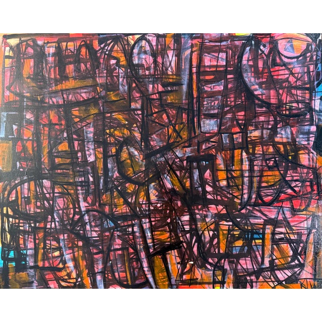 Abstract oil on wood panel painting by Texas artist Karl James Lubbering (b. 1969), titled "The Red Bridge". Painting...