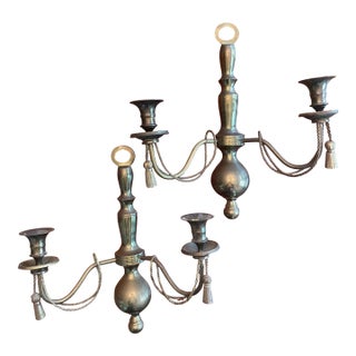 Vintage Brass Two Arm Wall Sconces With Braid and Tassels For Sale