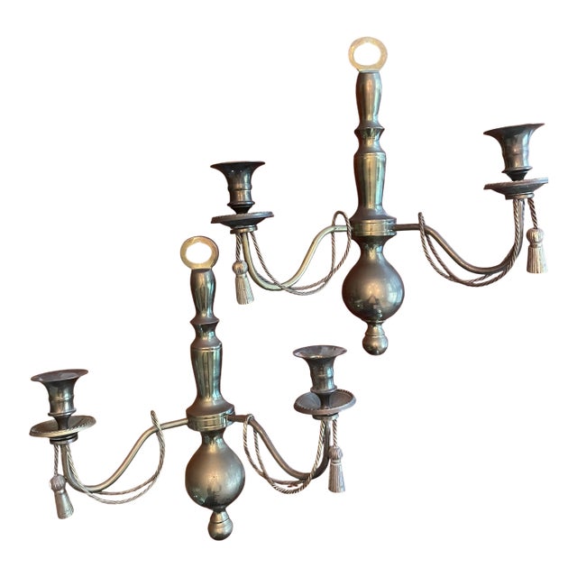 Vintage Brass Two Arm Wall Sconces With Braid and Tassels For Sale