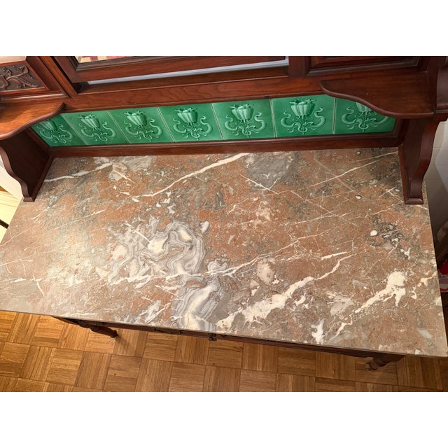 Antique English Walnut Dresser With Marble Top and Green Tile Backsplash For Sale - Image 4 of 10