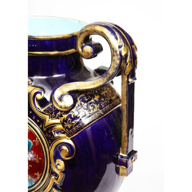 Pair of Late 19th Century Cobalt Blue Porcelain and Limoges Enamel Portrait Vases For Sale - Image 11 of 12