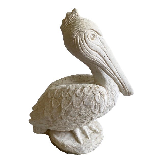 Vintage Pelican Indoor Outdoor Garden Figurine Decor Plaster Cement 1960s Palm Beach Regency For Sale