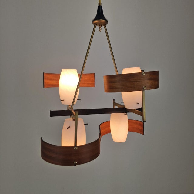 Metal Mid-Century Italian Brass, Teak and Opaline Glass Chandelier attributed to Stilnovo, 1960s For Sale - Image 7 of 14