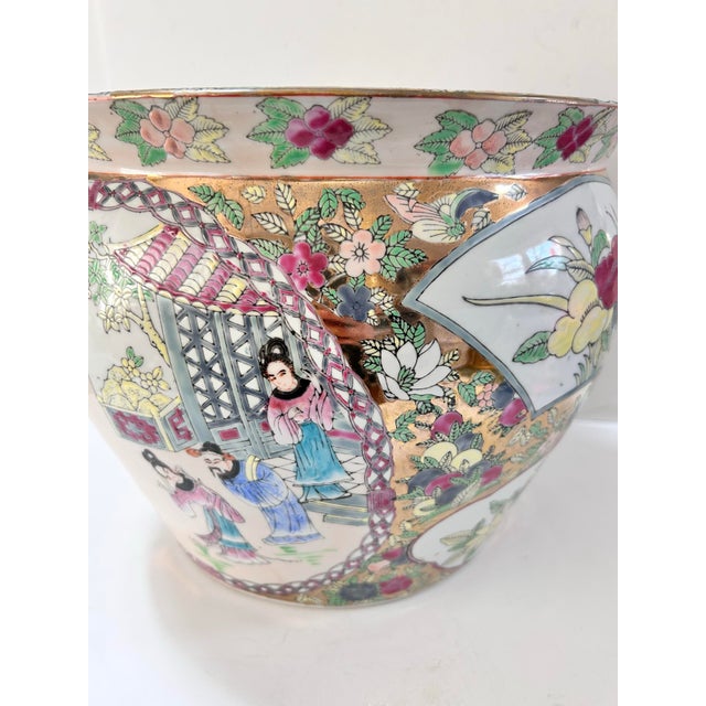 Large Vintage Chinese Famille Rose Style Gilded Porcelain Fishbowl Planter For Sale - Image 4 of 12