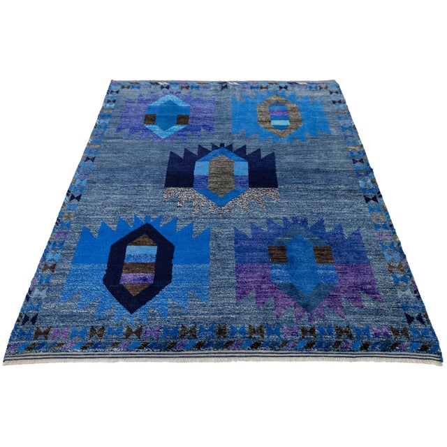 2020s Modern Abstract Baluch Style Blue Wool Area Rug – Geometric Tribal Design 6x8 For Sale - Image 5 of 11