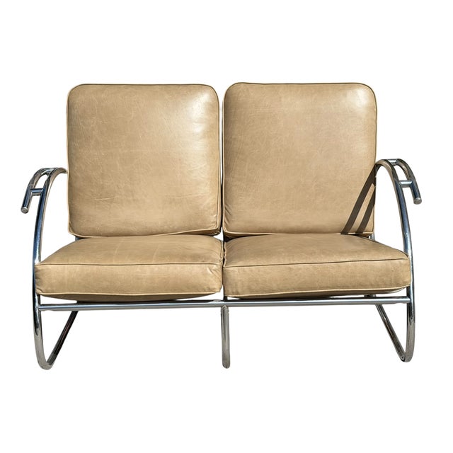 1925 Art Deco Paris Expo Machine Age Modernist Streamline Sofa Settee. Freshly upholstered in Italian glove leather.