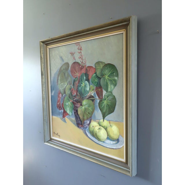 1949 Mid-Century Modern 'Begonia & Apples' Vintage Original Still Life Oil Painting, Framed For Sale - Image 4 of 11