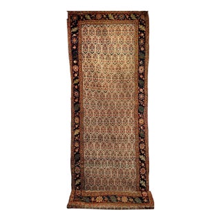 19th Century Persian Bidjar Wide Runner, Hand-Knotted Wool, Allover Paisley Pattern, Ivory & Navy, 4x14 For Sale