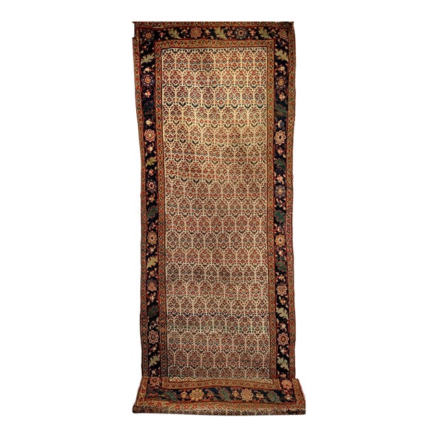 19th Century Persian Bidjar Wide Runner, Hand-Knotted Wool, Allover Paisley Pattern, Ivory & Navy, 4x14 For Sale