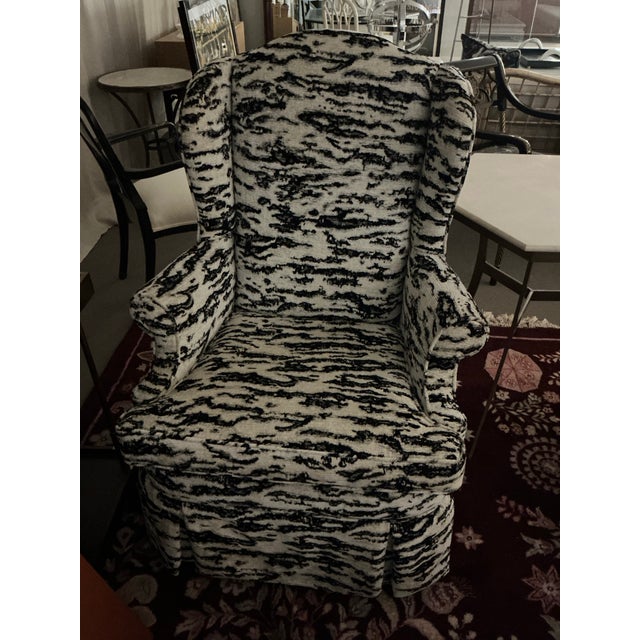 1970s Pair of Antique Wing Chairs, Not Identical Upholstered in F.Schumacher Serengeti Fabric For Sale - Image 5 of 8