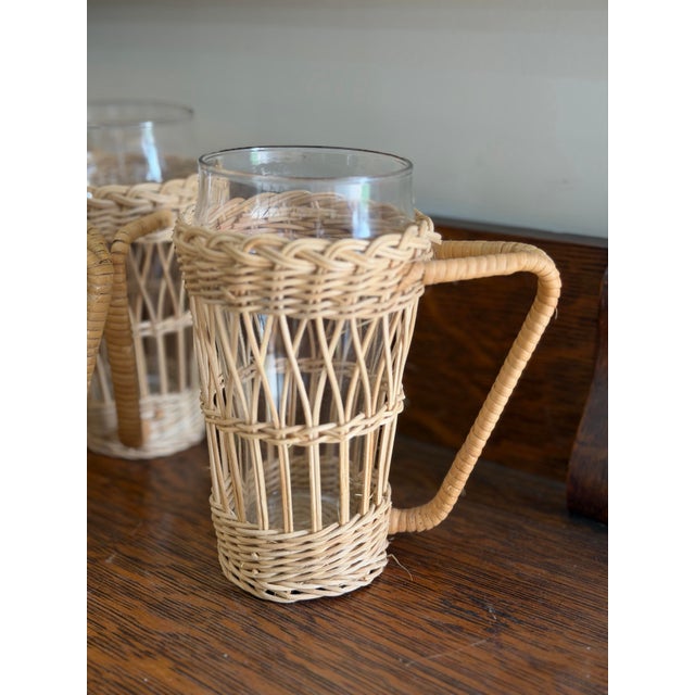 Late 20th Century Vintage Rattan Wrapped Glasses and Pitcher - Set of 8 For Sale - Image 5 of 6