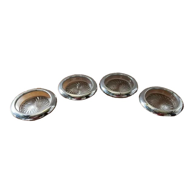 1960s Glass Drink Coasters With Silverplated Trim- Set of 4 For Sale