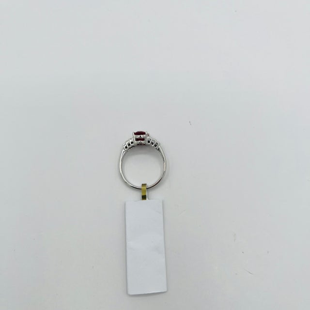 Metal Heated Burma Purplish Red Ruby Oval and Baguette Diamond Ring, Size 9.25 in Platinum For Sale - Image 7 of 9