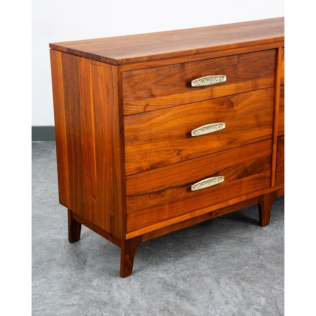1960s Credenza Dresser 6 Drawer Ace Hi Solid Walnut Brass Handles, Attributed For Sale - Image 10 of 12
