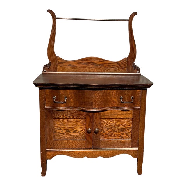 1920s Antique Oak Washstand With Towel Bar For Sale