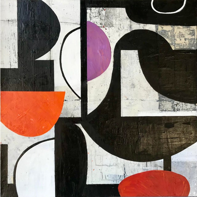 Geometric Abstract Painting on Canvas Black and White Pops of Orange Red Purple For Sale