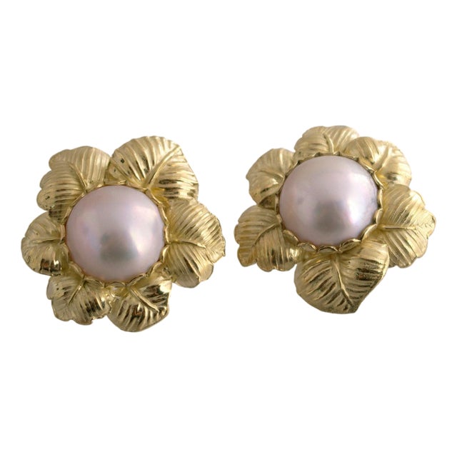 Floral Mabe Pearl Earrings, a Pair For Sale