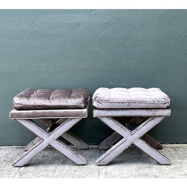 Vintage Tufted Velvet X Benches - A Pair For Sale In West Palm - Image 6 of 12
