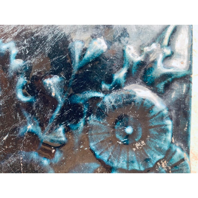 Early 20th Century Early 20th Century 'Arts and Crafts' Style Botanical Dark Blue Monochromatic Relief Ceramic Glazed Tile For Sale - Image 5 of 13