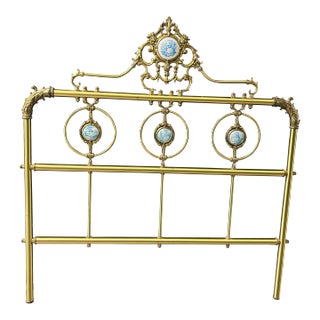 1980s Decorative Rococo Filigree Brass Twin Headboard With Blue and White Cameos For Sale