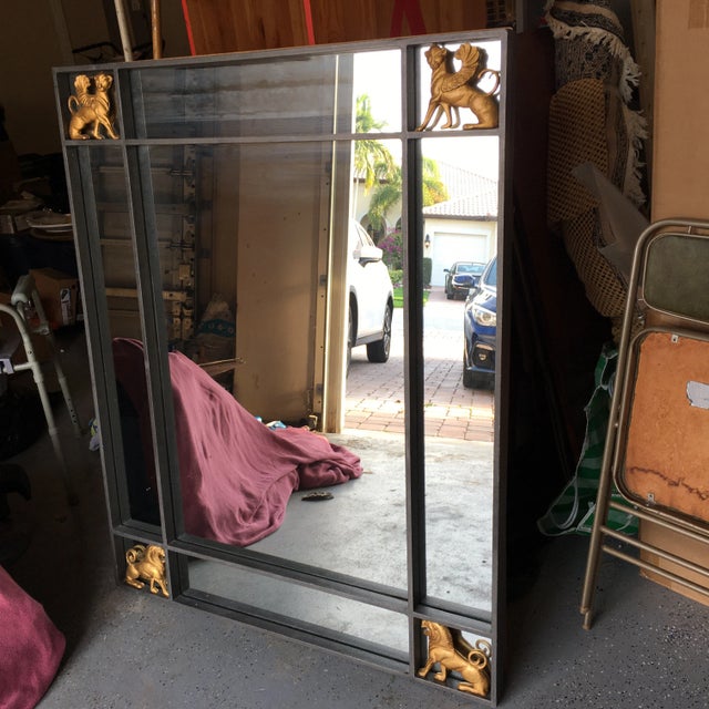 Hollywood Regency Iron & Brass Griffin Wall Mirror Large For Sale - Image 4 of 11