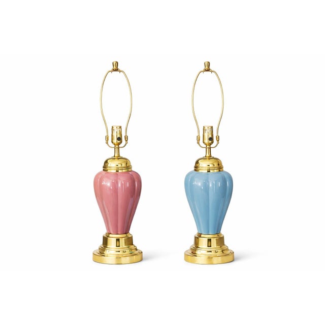 Vintage Blue Ceramic Table Lamp — Fluted Ginger Jar Form, Brass Base, Linen Shade (27” H) For Sale In Los Angeles - Image 6 of 7