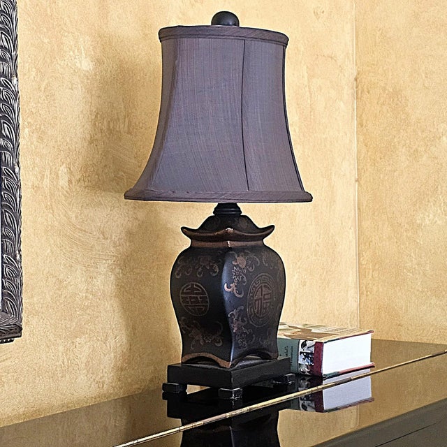 Asian Inspired Black & Brown Porcelain Medallion Table Lamp With Shade For Sale - Image 17 of 18