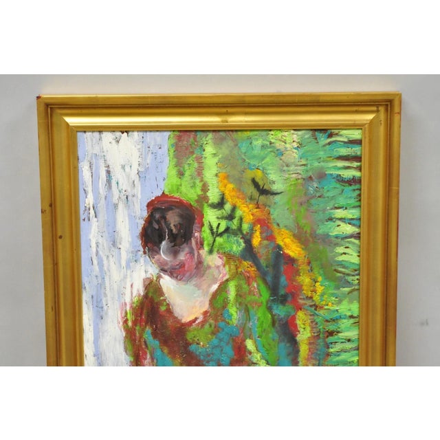 Blue Large Impressionist Style Young Woman in Field Oil on Wood Board Framed Painting For Sale - Image 8 of 15