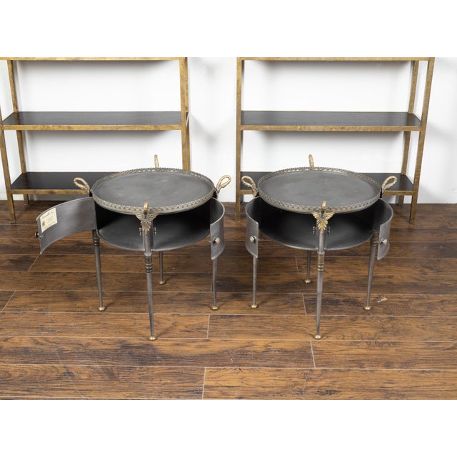 Silver Pair of Trouvailles Metal and Brass Side Tables with Swan Necks and Doors For Sale - Image 8 of 11