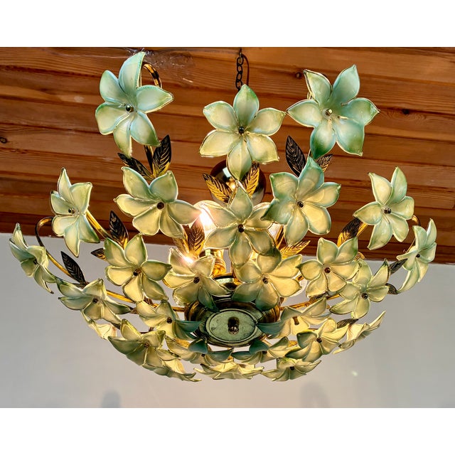 Green 1970s Vintage Murano Style Hand-Painted Green Glass Floral Flush Mount Chandelier⁠ For Sale - Image 8 of 18