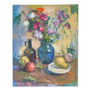 Colorful Fruit and Floral Impressionist Still Life Oil Painting For Sale