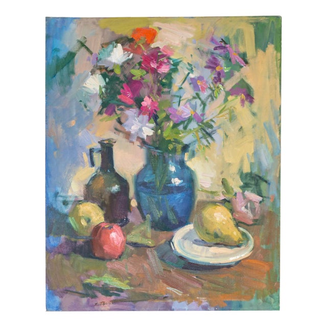 Large Fruit and Floral Still Life Oil Painting Blue and Polychrome For Sale