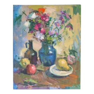 Large Fruit and Floral Still Life Oil Painting Blue and Polychrome