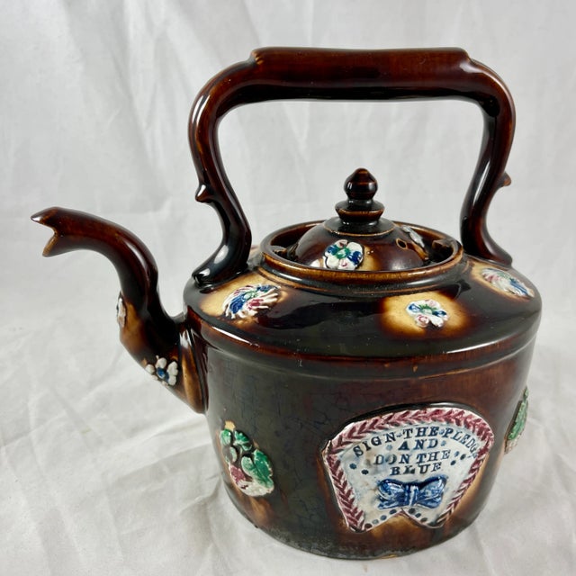 English English Measham Bargeware Blue Ribbon Teetotaler Temperance Motto Tea Kettle For Sale - Image 3 of 13