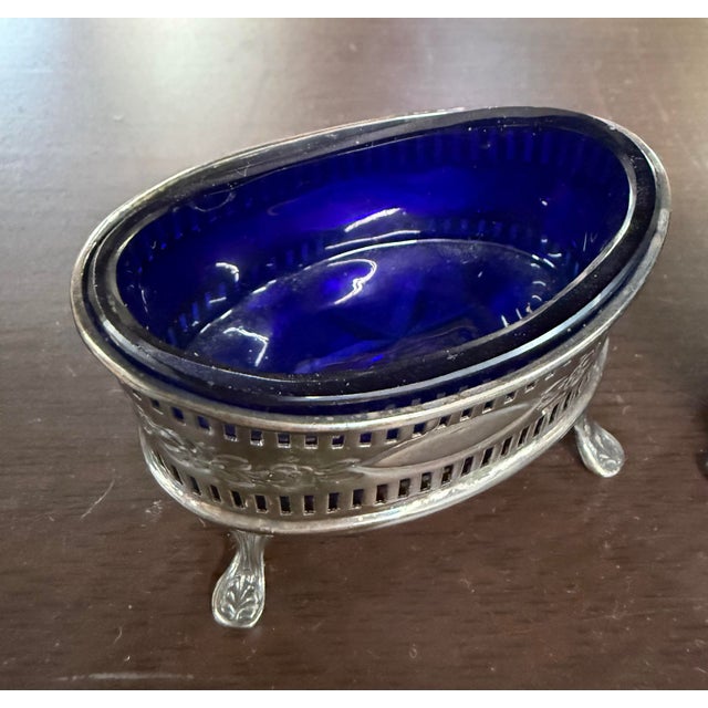 Antique Birmingham Sterling Silver Salt Cellars Cobalt Blue Crystal Insert Pair Both pieces are in excellent condition...