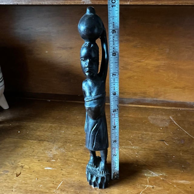 Wood Hand Carved Angola Wood Sculpture Woman Carrying Water Jar African Folk Art 10” For Sale - Image 7 of 12